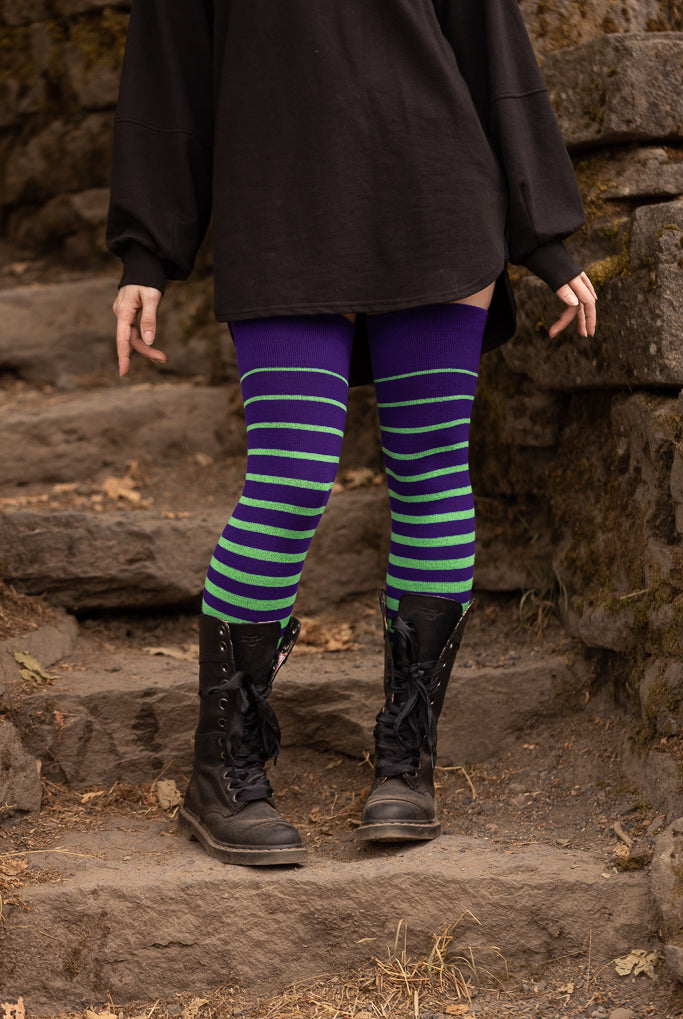 Monster mash gradient striped thigh highs in Purple and neon green
