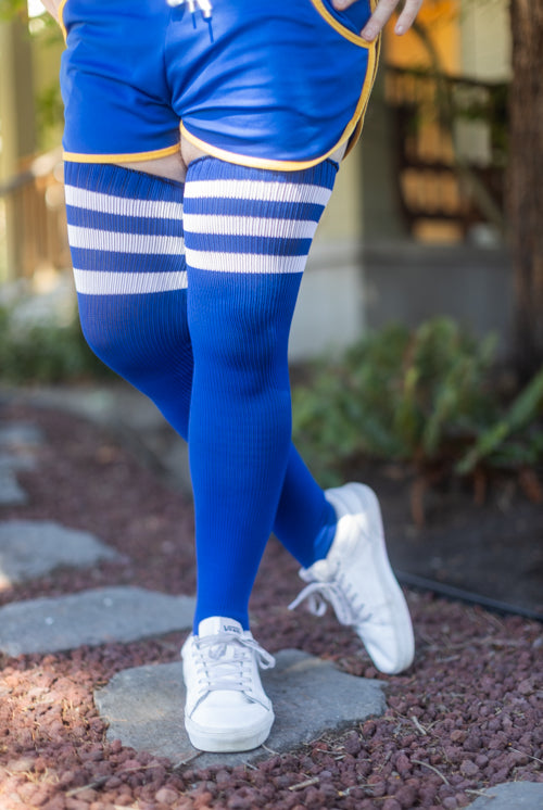 Longer Americana Thigh High Socks - Royal & White