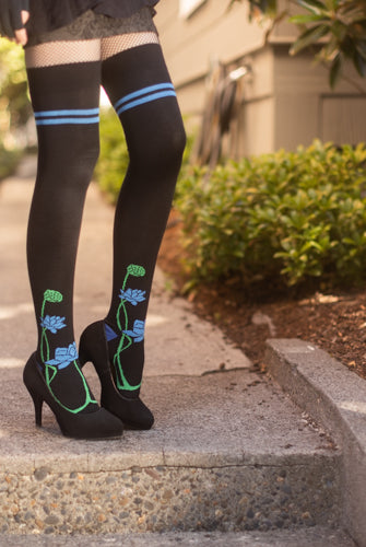 Botanical Nouveau Thigh High Socks - Blue Lotus