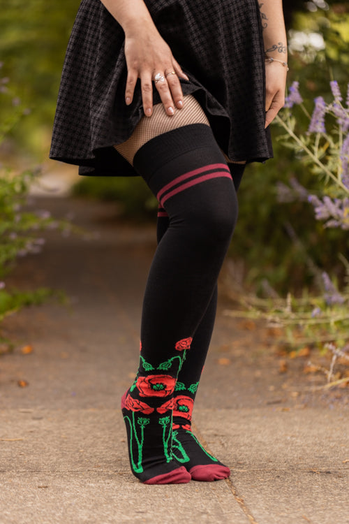 Botanical Nouveau Thigh High Socks - Red Poppy