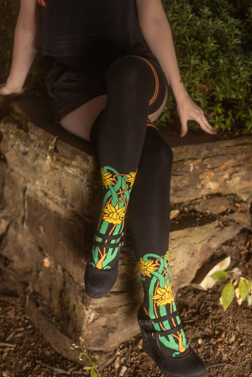 Botanical Nouveau Thigh High Socks - Yellow Daffodil