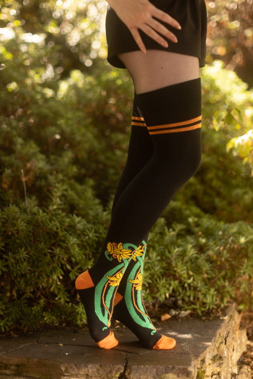 XL Foot Botanical Nouveau Thigh High Socks - Yellow Daffodils