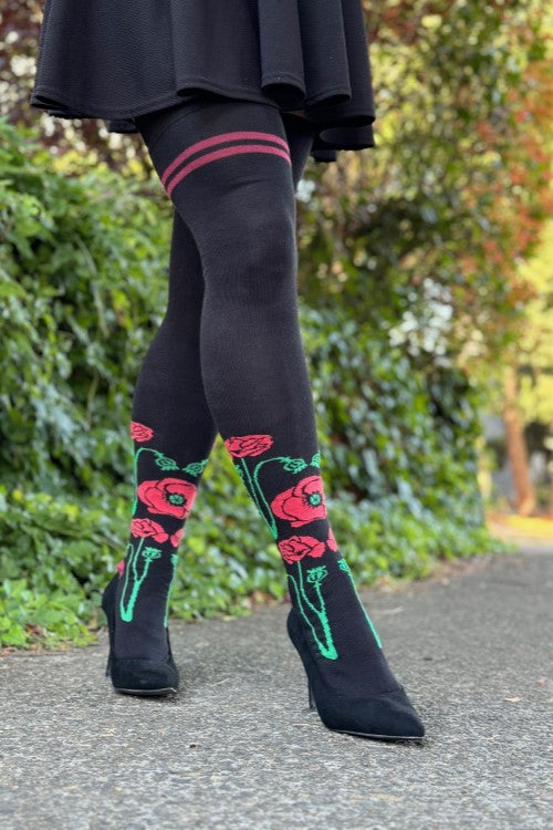 XL Foot Botanical Nouveau Thigh High Socks - Red Poppies