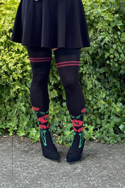 XL Foot Botanical Nouveau Thigh High Socks - Red Poppies