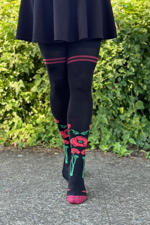 XL Foot Botanical Nouveau Thigh High Socks - Red Poppies