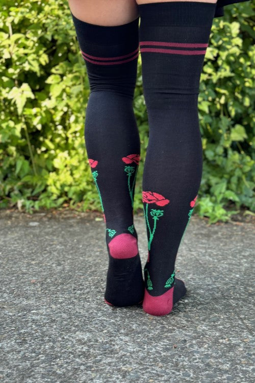 XL Foot Botanical Nouveau Thigh High Socks - Red Poppies