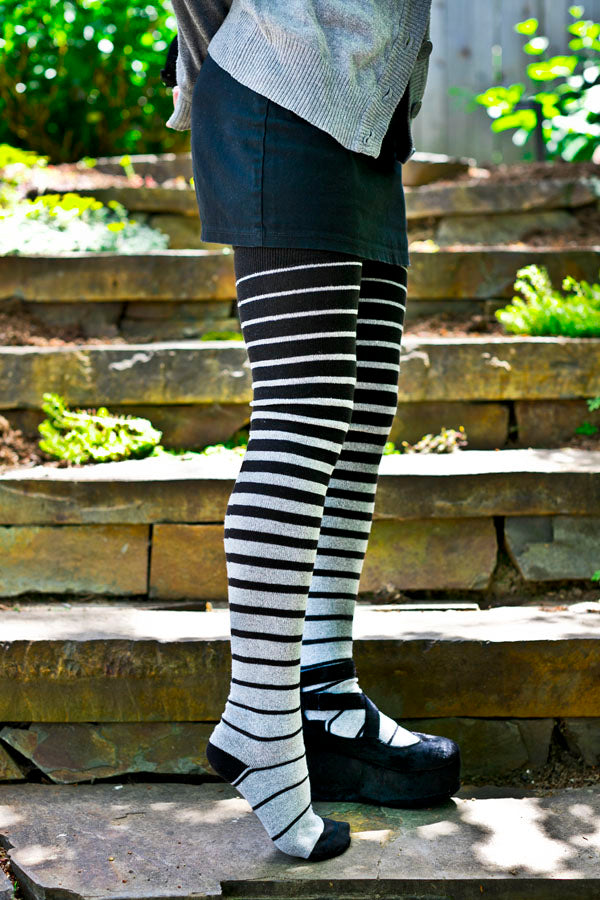 Longer Gradient Stripe Extraordinary Thigh High - Black and Grey