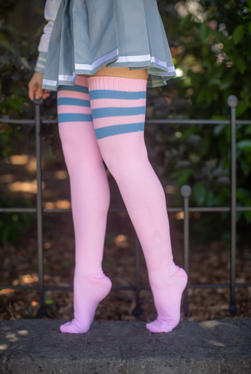 Longer Americana Thigh High Socks - Cherry Blossom with Sky