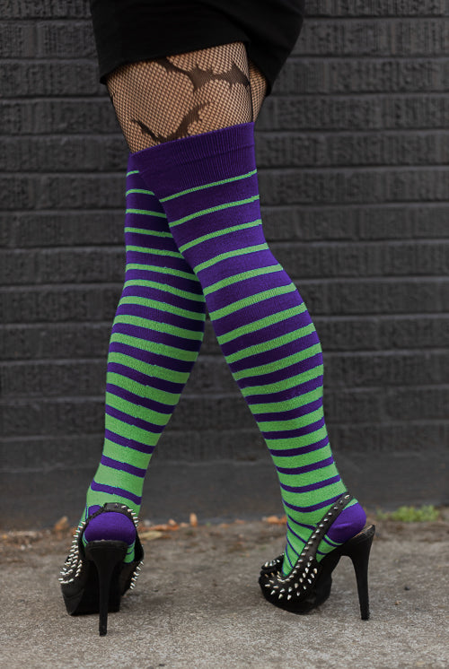 Monster mash gradient striped thigh highs in Purple and neon green