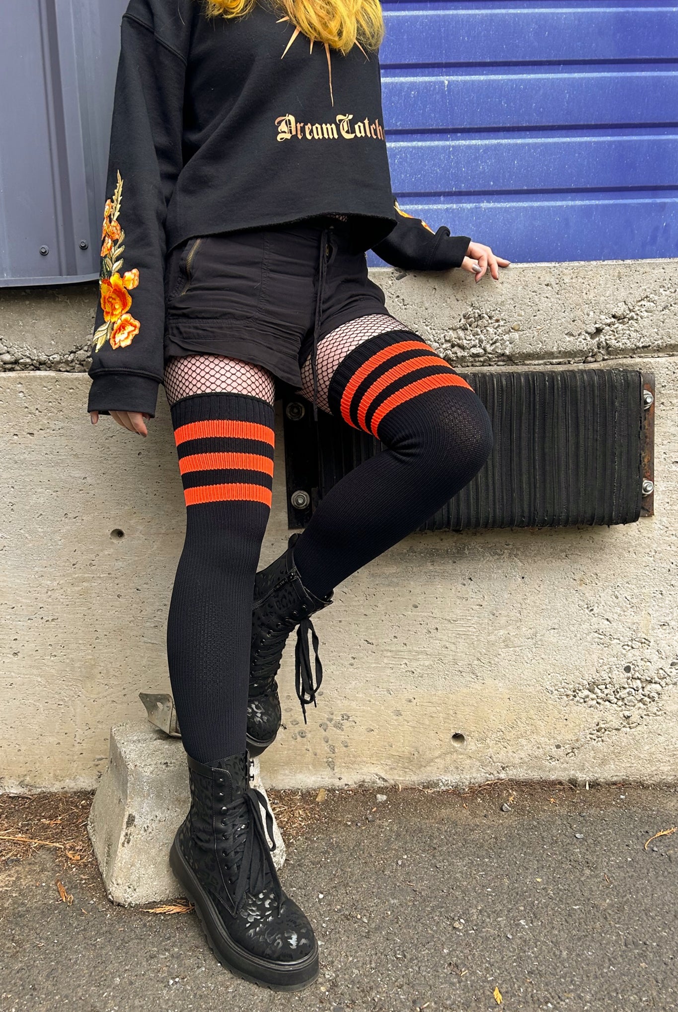 Neon Power Stripe Thigh High Socks - Neon Orange