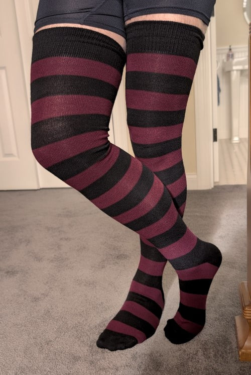 XL Foot Longer Extraordinary Programming Thigh Highs in black and maroon