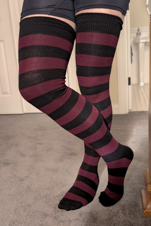 XL Foot Longer Extraordinary Programming Thigh Highs in black and maroon