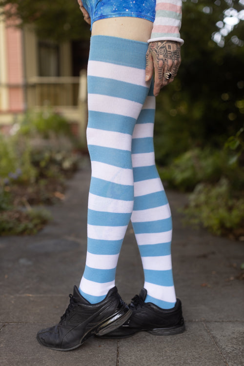 XL Foot Longer Extraordinary Programming Thigh Highs in sky blue and white