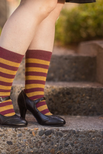 Preppy Striped Tube Socks - Burgundy/Ochre