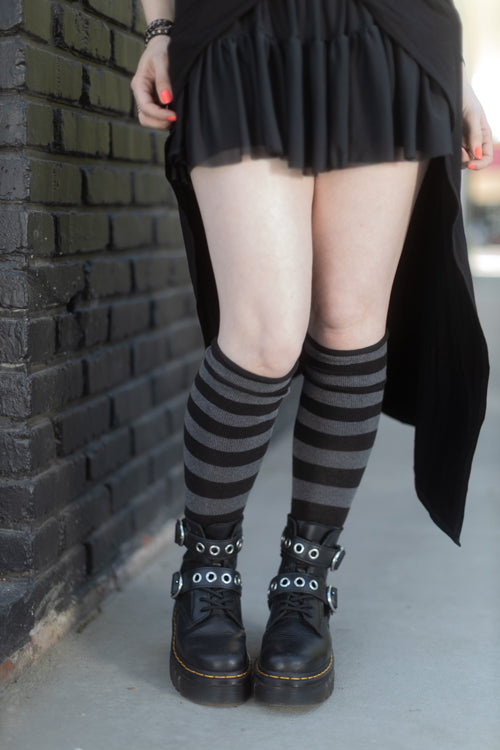 Roll Top Striped Knee High Socks - Charcoal & Black