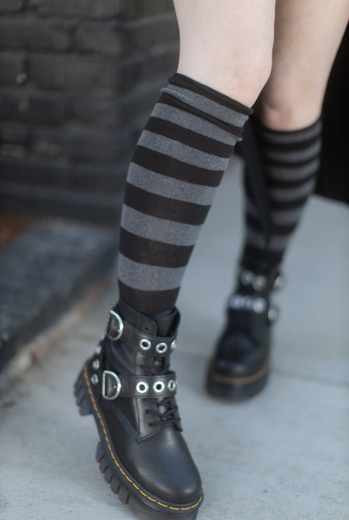 Roll Top Striped Knee High Socks - Charcoal & Black