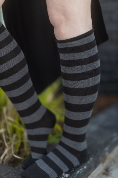 Roll Top Striped Knee High Socks - Charcoal & Black