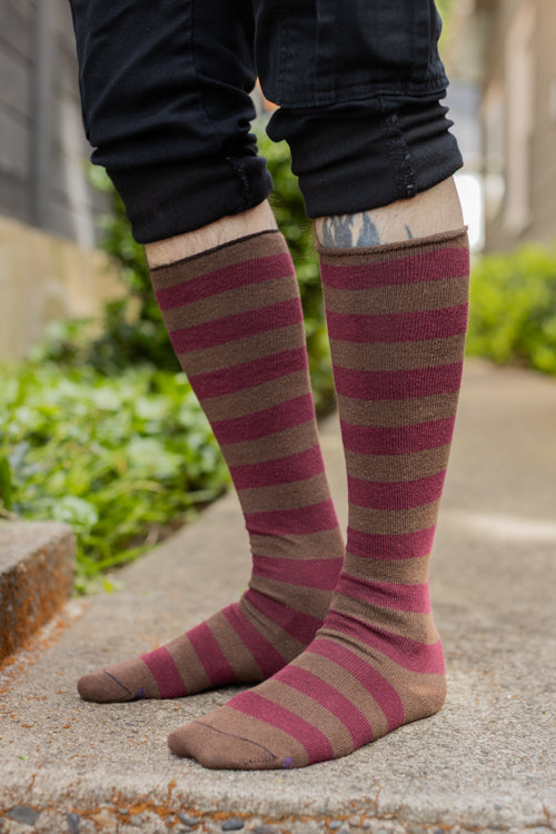 Roll Top Striped Knee High Socks - Dark Brown & Burgundy