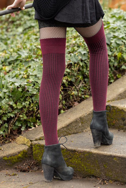 Vertical Lines Thigh High - Burgundy