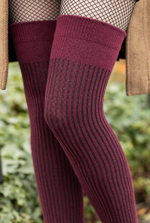 Vertical Lines Thigh High - Burgundy
