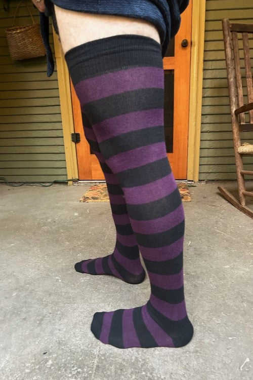 XL Foot Longer Striped Extraordinary Thigh High - Black and Plum
