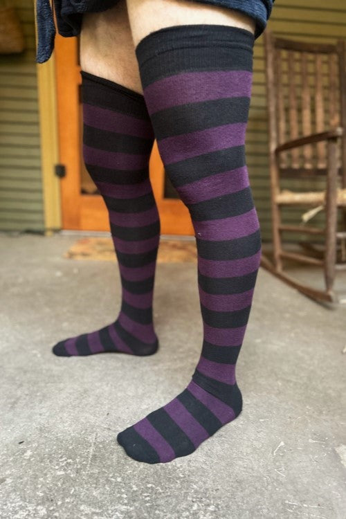 XL Foot Longer Striped Extraordinary Thigh High - Black and Plum