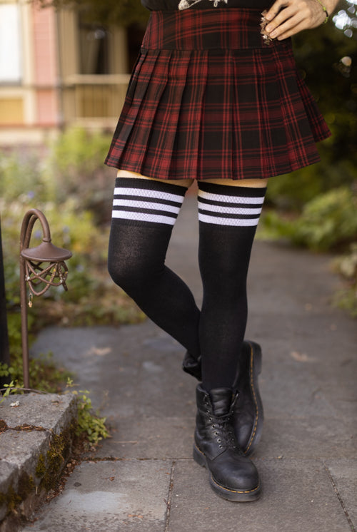 XL Foot Cotton Top-Striped Extraordinary Thigh High - Black with White