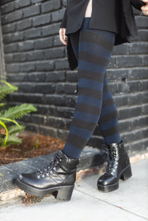 Longer Striped Extraordinary Thigh High Socks - Navy & Black