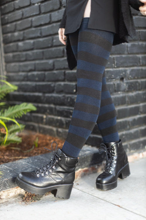Longer Striped Extraordinary Thigh High Socks - Navy & Black