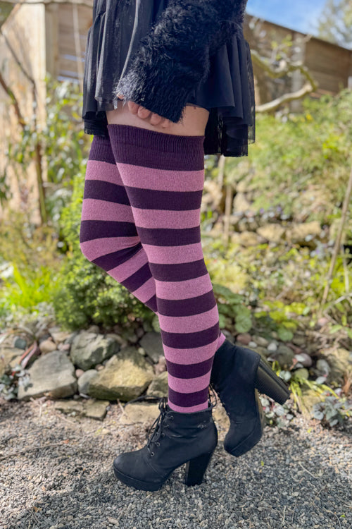 Longer Striped Extraordinary Thigh High Socks - Plum/bubblegum
