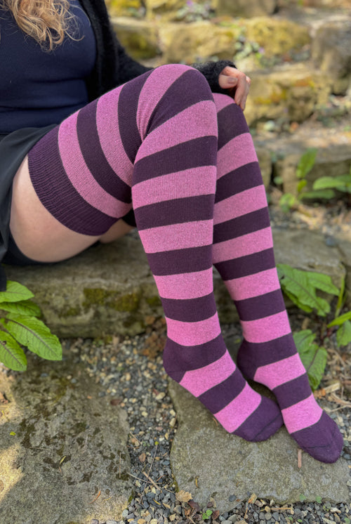 Longer Striped Extraordinary Thigh High in Plum and Burgundy