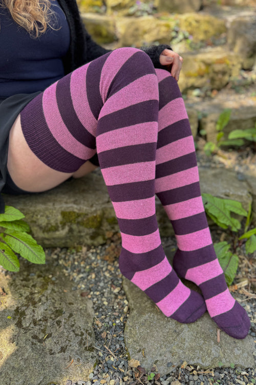 Longer Striped Extraordinary Thigh High Socks - Plum/bubblegum