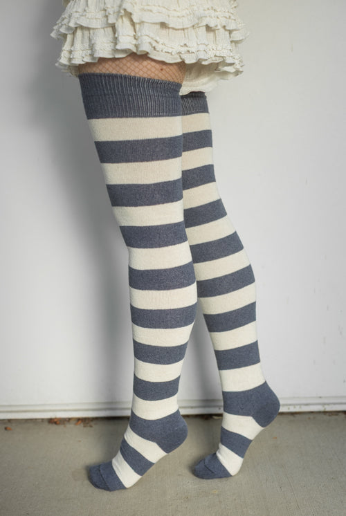 Longer Striped Extraordinary Thigh High Socks - Steel & Sweet Cream
