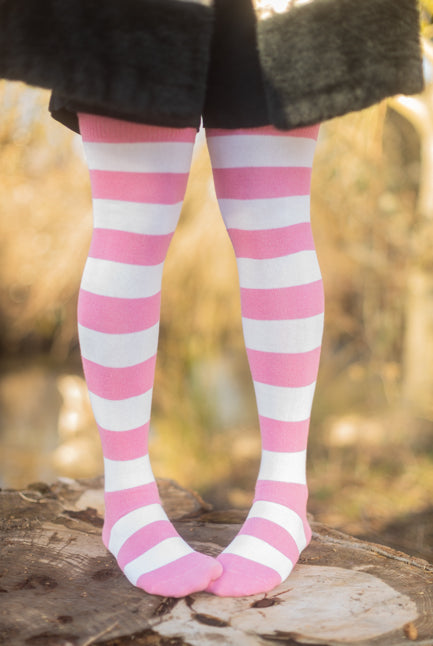 Striped Extraordinary Thigh High Socks - Bubblegum/White