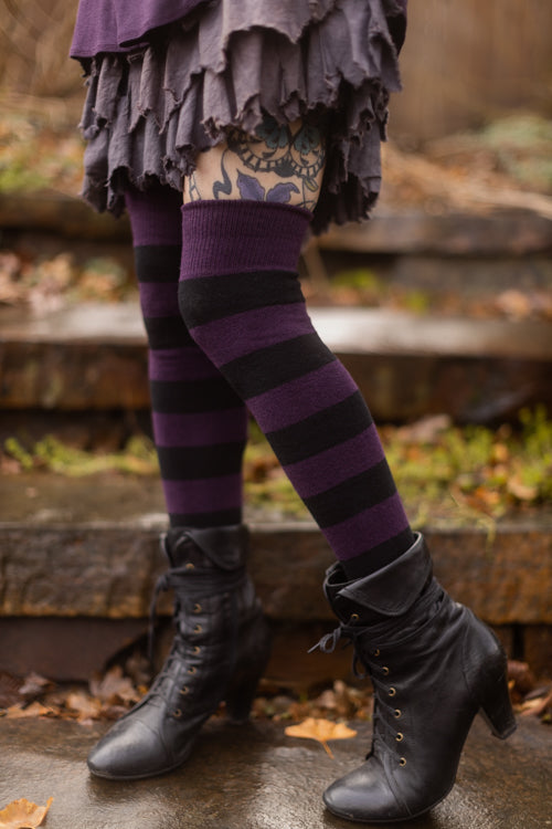Extraordinary Striped Thigh High Socks - Plum/Black