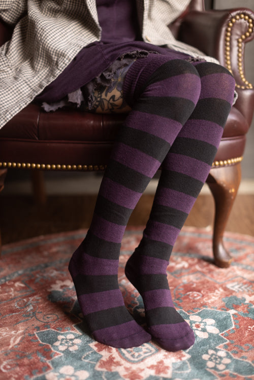 Striped Extraordinary Thigh High Socks - Plum/Black