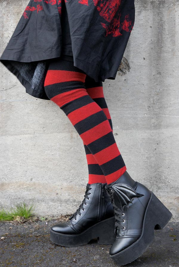 Striped Extraordinary Thigh High Socks - Black/Red