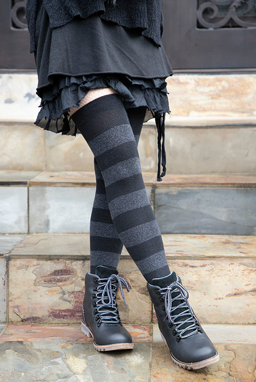 Striped Extraordinary Thigh High Socks - Black/Dark Charcoal