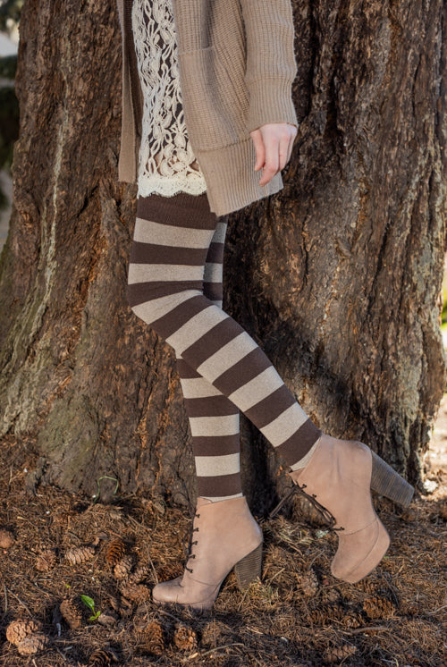 Longer Striped Extraordinary Thigh High Socks - Coffee & Mocha