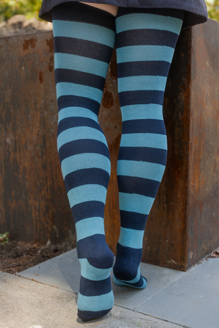 Longer Striped Extraordinary Thigh High Socks - Navy & Aqua