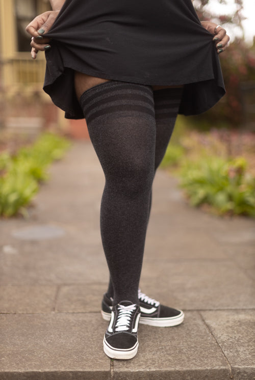 XL Foot Cotton Top-Striped Extraordinary Thigh High - Dark Charcoal with Black