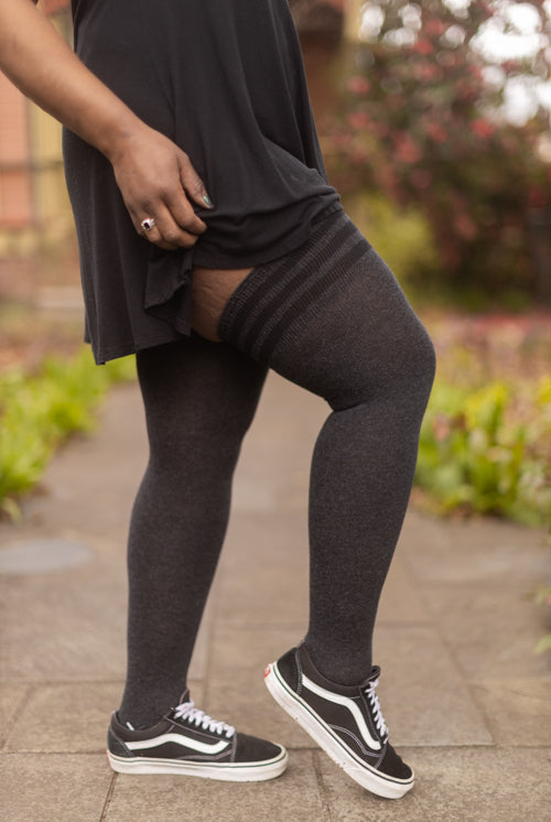 XL Foot Cotton Top-Striped Extraordinary Thigh High - Dark Charcoal with Black