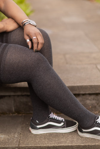 XL Foot Cotton Top-Striped Extraordinary Thigh High - Dark Charcoal with Black