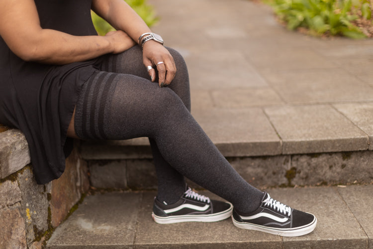 XL Foot Cotton Top-Striped Extraordinary Thigh High - Dark Charcoal with Black