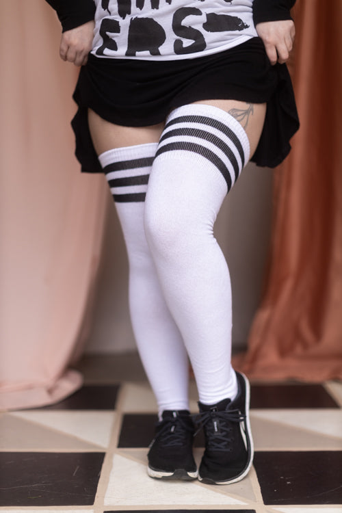 Longer Cotton Top-Striped Extraordinary Thigh High - White with Black