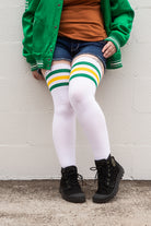 Longer Americana Thigh High Sock in White with Green and Yellow