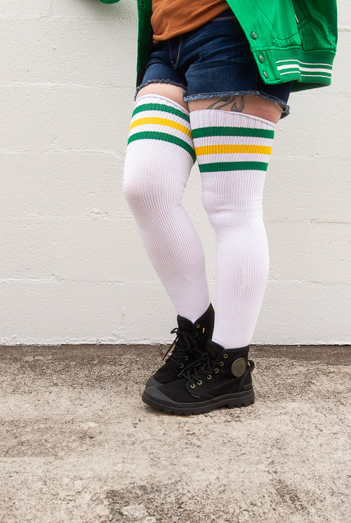 Longer Americana Thigh High Sock in White with Green and Yellow
