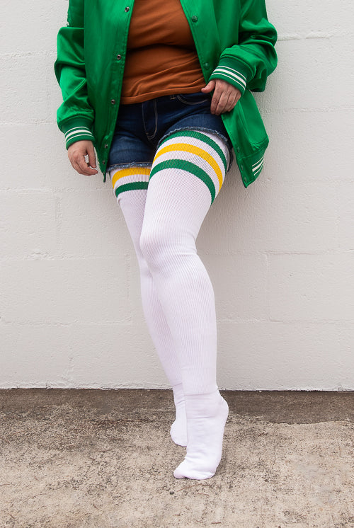 Longer Americana Thigh High Sock in White with Green and Yellow