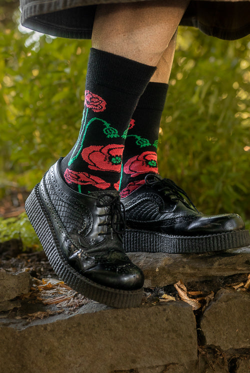 Botanical Nouveau Crew Socks - Red Poppy