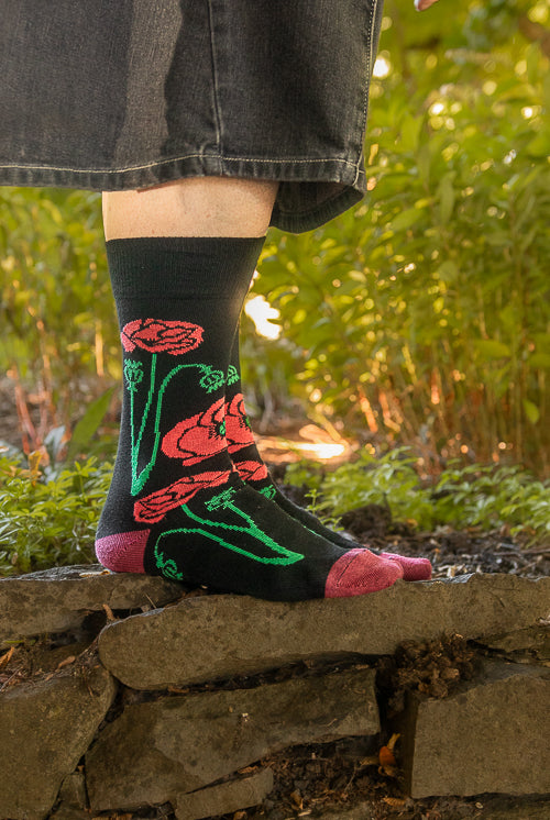 Botanical Nouveau Crew Socks - Red Poppy